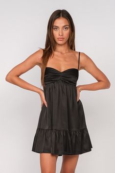 Discover the Bailey Black Satin Babydoll Mini Dress at BohoPink.com! Black satin babydoll mini dress with ruffle hem. Express shipping is available! Formal Babydoll Dress, Cute Black Dresses Casual, Hoco Inspo, Satin Babydoll, Dresses With Cowboy Boots, Black Satin Fabric, Dress With Ruffle Hem, Satin Bustier, Cute Black Dress