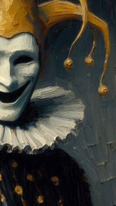 a painting of a clown wearing a white mask