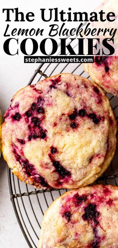 lemon blackberry cookies on a cooling rack with blueberries