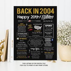 back in 1994 happy 20th birthday chalkboard sign with gold lettering on black paper, next to a potted plant