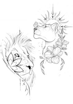 two lions with flowers on their heads and one is facing each other in the same direction