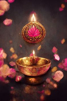 a golden bowl with a lit candle in the center surrounded by petals and petals scattered around it