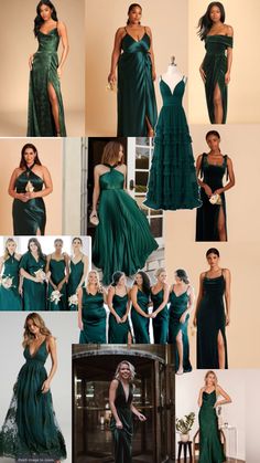 a collage of photos showing different types of dresses and gowns, including one in green