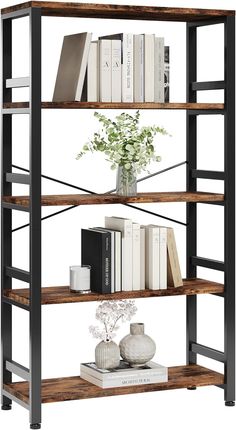 three shelves with books and vases on top of each shelf in front of a white background