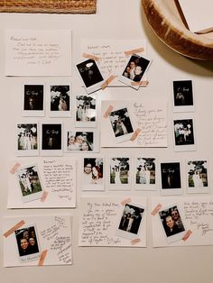 many photographs are arranged on the wall with notes attached to them and photos pinned to each other