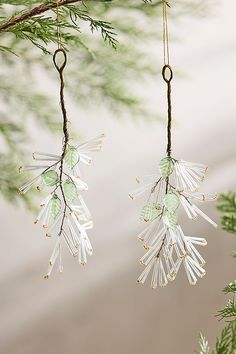 two ornaments hanging from a tree branch with green and white decorations on it's branches