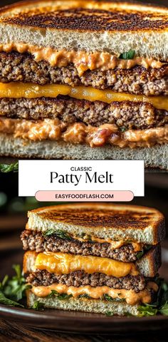 a close up of a sandwich on a plate with the words patty melt above it