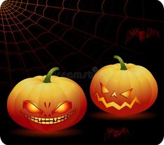 two pumpkins with glowing eyes and spider web royalty illustration