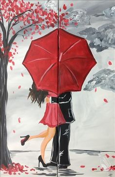 a painting of two people under an umbrella in the rain, one holding onto the other's head