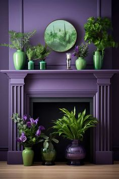 Color Harmony: Green and Purple Shades Purple Built Ins, Green And Purple Office Decor, Purple And Green Dining Room, Purple Green Black Aesthetic, Colorful Bedroom Inspirations, Modern Traditional Living Room Decor Ideas, Bright Purple Aesthetic, Dark Green And Lavender, Green And Purple Living Room