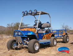 a blue golf cart with an animal print on the front and side, parked in a field