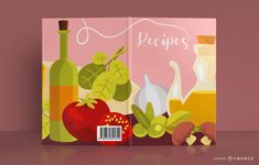 an open book with vegetables and wine on the cover is shown in front of a pink background