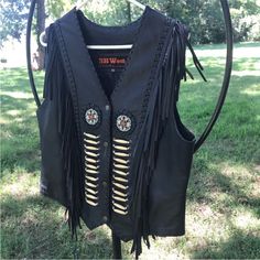 Wow!! Gorgeous Leather Vest, Vintage, Native American Beaded Design, Handmade, Festival, Gypsy, Bohemian, Motorcycle, Made By 3 B West Tansmith, Southwestern Lovers, Western, Cowgirl, Rodeo!! Harley Davidson!! Says Size Xxl But I’ve Added Measurements, Definitely Not A Size Xxl, More Like A Large, Wish It Fit Me I Adore It!! Grab It Girls It Won’t Disappoint! Fringe Leather Vest, Cowgirl Rodeo, It Girls, Gorgeous Leather, Native American Beading, Western Cowgirl, Leather Vest, Vintage Jacket, Bead Designs