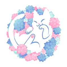 a white cat with pink and blue flowers in the shape of a circle on a white background