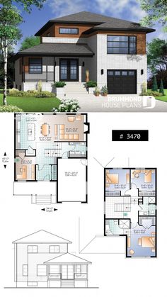 two story house plan with three levels and an open floor plan for the first level