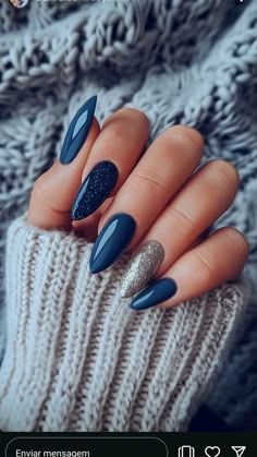 Nails For Guest At Wedding, Winter Nail Inspiration 2024, 3 Colour Nail Designs, Cute Acrylic Nails Almond Shape Designs, Gray And Blue Nails Design, Deep Blue Nail Ideas, Midnight Blue Nails Acrylic Almond, Dark Blue Fall Nail Designs, Trending Manicure 2024