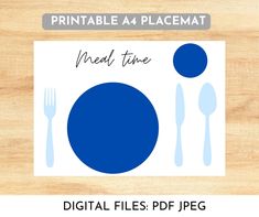 a placemat with blue plates and utensils next to the words printable 4 placemat