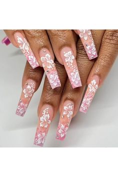 Flower Press on Nails Square, Pink Hibiscus Fake Nails Long Press on Pink White Hibiscus Nail Tips Full Cover False Nails with Hawaiian Flower Design Summer Acrylic Nails Kit for Women Girls 24PCS Nails Country, Fake Nails White, Cover Nails, Fake Nails Long, Nails Glossy, Acrylic Nail Kit, Manicure Tips