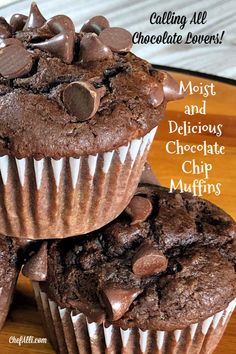 three chocolate muffins stacked on top of each other with the words, most and delicious chocolate chip muffins