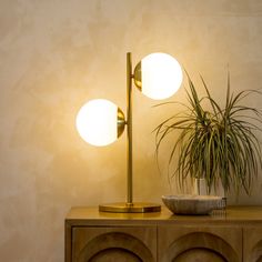 a plant sitting on top of a wooden cabinet next to a lamp and potted plant