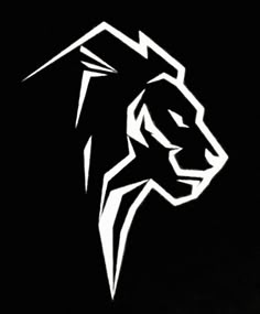 a black and white image of a lion's head on a dark background with the word