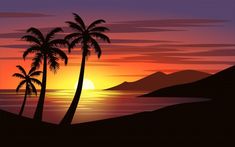 a sunset with palm trees in the foreground and an island in the back ground