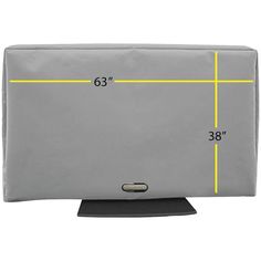 a gray laptop case with yellow lines on the front and side, measurements for it