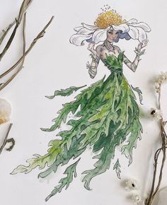 a drawing of a woman in a green dress with flowers on the side and branches around her