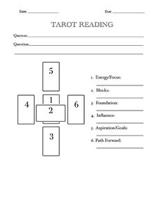 the tarot reading worksheet is shown with numbers and symbols for each page