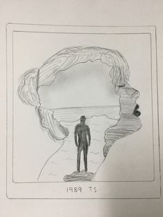 a drawing of a man standing on top of a cliff