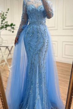 Luxury Long Sleeves Sky Blue Beadings Long Evening Gown with Tulle Sweep Train Light Blue Embellished Gown For Prom, Blue Embellished Mermaid Dress For Wedding, Blue Embellished Mermaid Wedding Dress, Light Blue Embellished Gown For Prom Season, Light Blue Embellished Gown For Banquet, Embellished Light Blue Gown For Banquet, Blue Sequined Gown For Banquet, Blue Sequined Gown For Banquets, Embellished Blue Gown For Debutante Ball