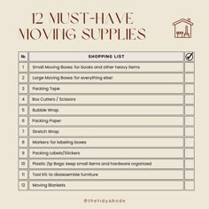 the 12 must have moving supplies list is shown in red and white, with text that reads