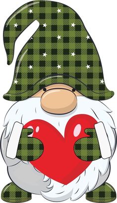 a cartoon gnome holding a heart with his hands in the shape of a heart on a white background