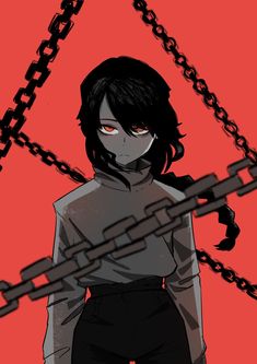 an anime character with black hair and red eyes standing in front of chain link chains