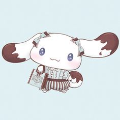 a cute little cow holding a book in its paws and wearing a dress with stripes on it's chest