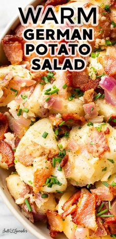 a bowl filled with potatoes and ham on top of a white tablecloth next to the words warm german potato salad