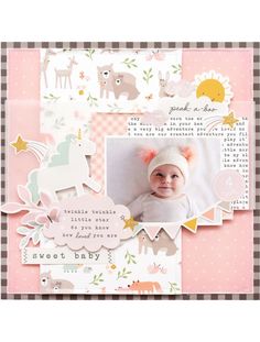 a scrapbook page with an image of a baby in the center and some animals on it