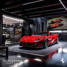 a red sports car on display in a showroom