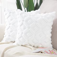 two white pillows sitting on top of a couch next to a vase filled with flowers