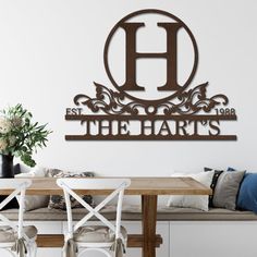 a dining room table with chairs and a wall mounted sign that says the harts