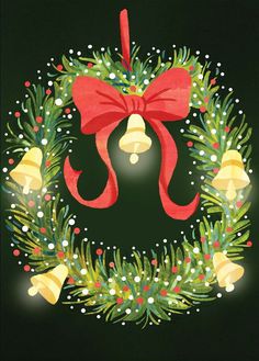 a christmas wreath with bells and holly leaves on a black background is featured in the image