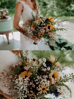 two pictures of a bride holding a bouquet of flowers and an old piano in the background