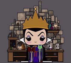 an animated character wearing a crown and holding a cup in front of a shelf with books