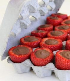 chocolate covered strawberries in an egg carton