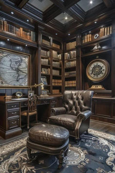 a chair and ottoman in a room with bookshelves