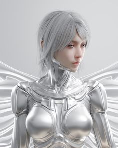 a futuristic woman with silver hair and wings on her chest is looking at the camera