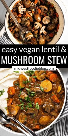 two bowls filled with stew and vegetables on top of a striped table cloth next to a spoon