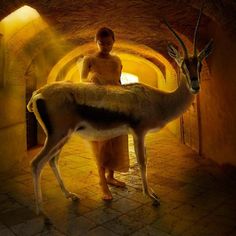 a man standing next to an antelope in a tunnel with light coming through it