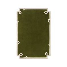 a green rug with white piping on the bottom and an area for writing in it