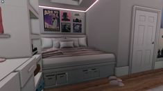 a bed sitting in the middle of a bedroom next to a white dresser and door